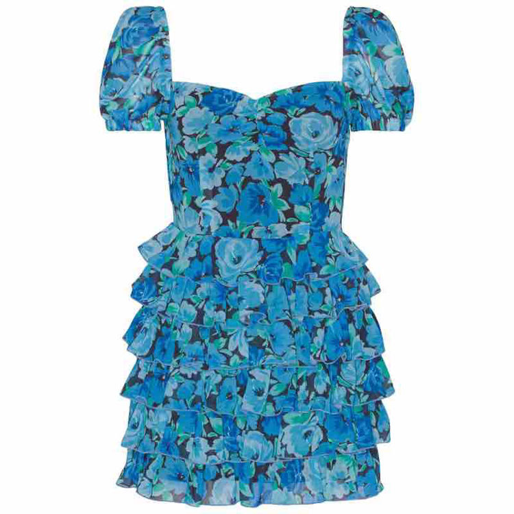 Rotate Birger Christensen chiffon mini ruffle dress Ibiza blue. Kort ...