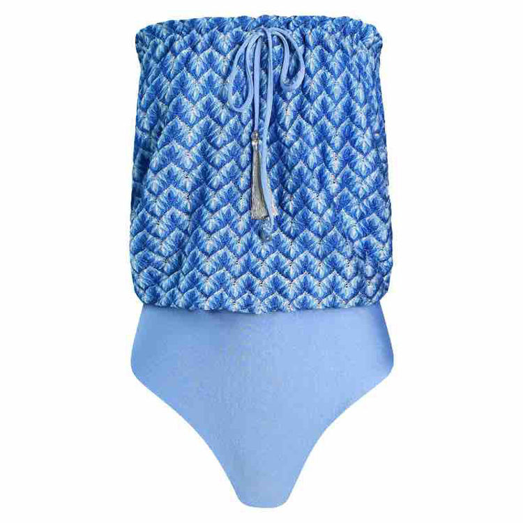 Hanne Bloch 208 sky knit bandeau swimsuit. med fittet bund løs strikket sky zig zag top