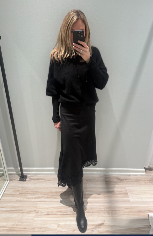 nederdel midi med blondekant